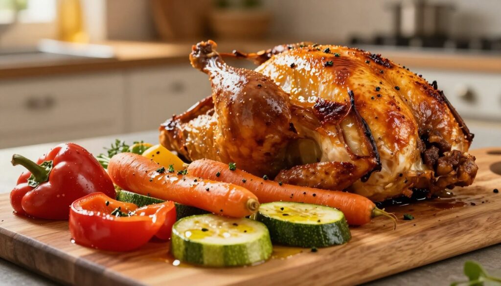 A beautiful arrangement of vibrant roasted vegetables accompanying a succulent baked chicken. In the foreground, showcase a variety of colorful veggies like bell peppers, carrots, and Zucchini, glistening with a drizzle of herbs and olive oil. In the middle ground, include the perfectly roasted chicken, golden brown with crispy skin, sitting on a rustic wooden cutting board. The background features a softly blurred kitchen setting with warm, inviting lighting, suggesting a homely atmosphere. Use a warm color palette to create a cozy feel, with the scene captured from a slightly elevated angle, emphasizing the delicious details of the dish. The overall mood is hearty and appetizing, ideal for a culinary setting.
