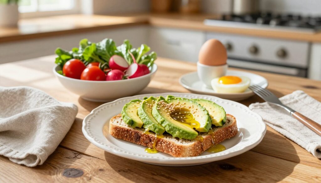 A beautifully arranged breakfast scene featuring sliced avocado on whole-grain toast, topped with a sprinkle of sesame seeds and a drizzle of olive oil. Nearby, a delicate bowl of cherry tomatoes, vibrant greens, and a few radishes create a colorful contrast, and a soft-boiled egg rests elegantly on a small plate, with its yolk glistening. In the foreground, a decorative white plate sits on a rustic wooden table, with a light linen napkin casually placed beside it. The background features a sunlit kitchen with warm, natural light filtering through a window, casting soft shadows that enhance the inviting atmosphere. Capture this scene from a slight overhead angle to showcase the vibrant colors and textures, evoking a fresh and wholesome breakfast vibe. A beautifully arranged breakfast scene featuring sliced avocado on whole-grain toast, topped with a sprinkle of sesame seeds and a drizzle of olive oil. Nearby, a delicate bowl of cherry tomatoes, vibrant greens, and a few radishes create a colorful contrast, and a soft-boiled egg rests elegantly on a small plate, with its yolk glistening. In the foreground, a decorative white plate sits on a rustic wooden table, with a light linen napkin casually placed beside it. The background features a sunlit kitchen with warm, natural light filtering through a window, casting soft shadows that enhance the inviting atmosphere. Capture this scene from a slight overhead angle to showcase the vibrant colors and textures, evoking a fresh and wholesome breakfast vibe.