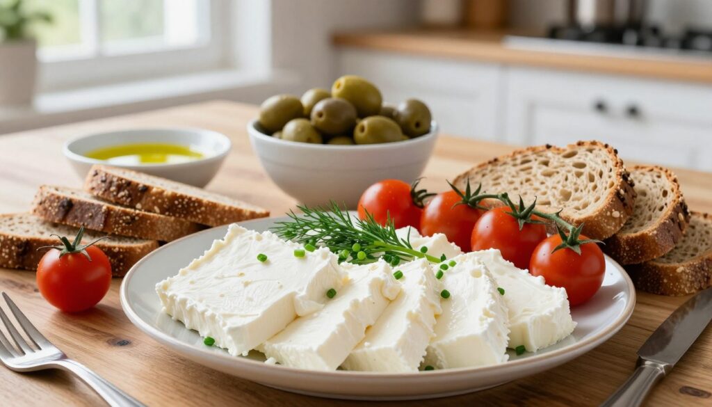 A beautifully arranged breakfast spread featuring creamy white cheese. In the foreground, there is a plate with a generous serving of thick slices of white cheese, garnished with fresh herbs like dill and chives. Beside it, neatly arranged slices of whole-grain bread and colorful cherry tomatoes. In the middle ground, a bowl of tangy olives and a small dish of olive oil for dipping. The background has a soft-focus kitchen setting with natural light streaming in through a window, illuminating the rustic wooden table. The mood is warm and inviting, perfect for a wholesome breakfast scene. Use a high-angle shot to capture the vibrant colors and textures, emphasizing the freshness of the ingredients. A beautifully arranged breakfast spread featuring creamy white cheese. In the foreground, there is a plate with a generous serving of thick slices of white cheese, garnished with fresh herbs like dill and chives. Beside it, neatly arranged slices of whole-grain bread and colorful cherry tomatoes. In the middle ground, a bowl of tangy olives and a small dish of olive oil for dipping. The background has a soft-focus kitchen setting with natural light streaming in through a window, illuminating the rustic wooden table. The mood is warm and inviting, perfect for a wholesome breakfast scene. Use a high-angle shot to capture the vibrant colors and textures, emphasizing the freshness of the ingredients.