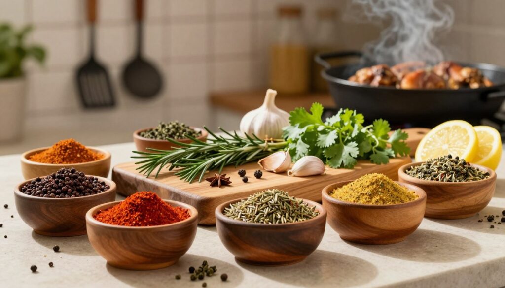 A beautifully arranged collection of alternate spices and seasoning blends for chicken marinades. In the foreground, vibrant spices like smoked paprika, sumac, and za'atar are displayed in small rustic bowls, each showcasing their rich colors. In the middle, a wooden cutting board holds fresh herbs such as rosemary, thyme, and cilantro, surrounded by cloves of garlic and slices of lemon. The background features a softly blurred, sunlit kitchen setting, with hanging utensils and an aromatic grill setting the mood. The lighting is warm and inviting, casting gentle shadows that enhance the texture of the spices. The composition conveys a sense of creativity and culinary exploration, perfect for inspiring flavor-rich chicken dishes. A beautifully arranged collection of alternate spices and seasoning blends for chicken marinades. In the foreground, vibrant spices like smoked paprika, sumac, and za'atar are displayed in small rustic bowls, each showcasing their rich colors. In the middle, a wooden cutting board holds fresh herbs such as rosemary, thyme, and cilantro, surrounded by cloves of garlic and slices of lemon. The background features a softly blurred, sunlit kitchen setting, with hanging utensils and an aromatic grill setting the mood. The lighting is warm and inviting, casting gentle shadows that enhance the texture of the spices. The composition conveys a sense of creativity and culinary exploration, perfect for inspiring flavor-rich chicken dishes.