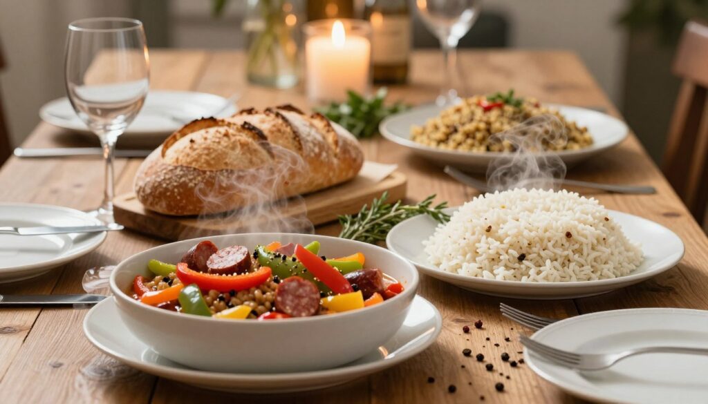 A beautifully arranged dinner table set for a meal featuring leczo, with various side dishes as the focus. In the foreground, a steaming bowl of leczo filled with colorful bell peppers, sausage, and spices. Next to it, a loaf of freshly baked crusty bread, a mound of fluffy rice, and a dish of steaming quinoa, all beautifully plated. The middle layer includes a rustic wooden tablecloth, with scattered fresh herbs and spices, enhancing the atmosphere of a cozy family dinner. In the background, softly blurred warm candlelight creates an inviting mood. The scene is well-balanced with warm lighting highlighting the textures of the food, captured with a shallow depth of field to create a welcoming and appetizing atmosphere.