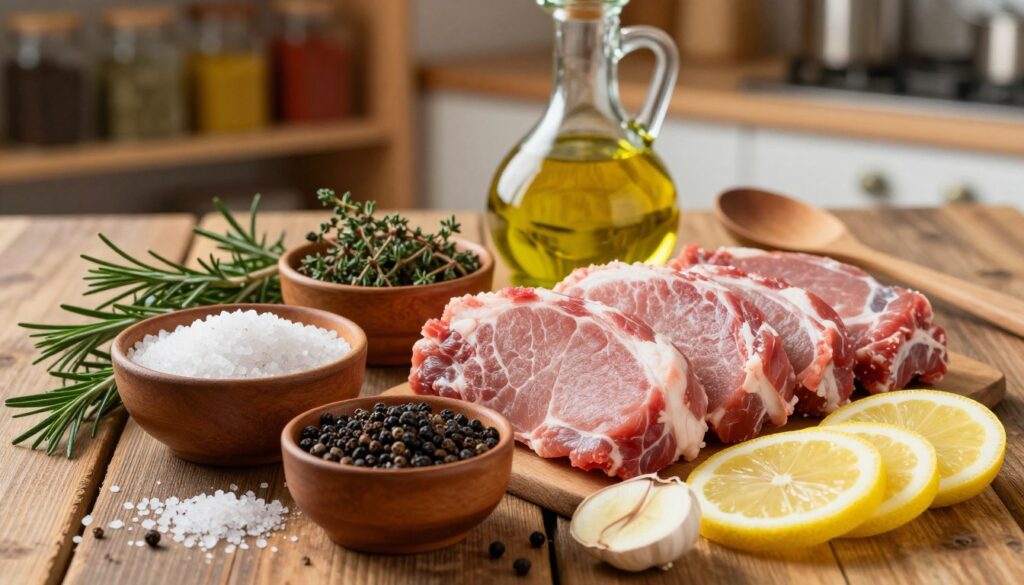 A beautifully arranged display of essential ingredients for marinating pork neck, set on a rustic wooden table. In the foreground, artisanal bowls filled with coarse salt, freshly ground black pepper, and aromatic herbs like rosemary and thyme. Slices of garlic and zesty lemon are artfully placed nearby, emphasizing freshness. In the middle, a bottle of high-quality olive oil glistens, and a wooden spoon rests beside it. In the background, soft, warm lighting creates a cozy kitchen atmosphere, with blurred shelves lined with spices and jars. This inviting scene captures the essence of flavor depth in cooking, evoking a sense of anticipation and warmth. The angle should be slightly overhead to showcase the vibrant colors and textures of the ingredients. A beautifully arranged display of essential ingredients for marinating pork neck, set on a rustic wooden table. In the foreground, artisanal bowls filled with coarse salt, freshly ground black pepper, and aromatic herbs like rosemary and thyme. Slices of garlic and zesty lemon are artfully placed nearby, emphasizing freshness. In the middle, a bottle of high-quality olive oil glistens, and a wooden spoon rests beside it. In the background, soft, warm lighting creates a cozy kitchen atmosphere, with blurred shelves lined with spices and jars. This inviting scene captures the essence of flavor depth in cooking, evoking a sense of anticipation and warmth. The angle should be slightly overhead to showcase the vibrant colors and textures of the ingredients.
