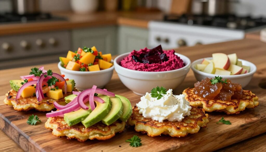 A beautifully arranged display of unconventional toppings for potato pancakes, set on a rustic wooden table. In the foreground, showcase vibrant garnishes like avocado slices, pickled red onions, fresh herbs, and a dollop of crème fraîche, artfully decorated. In the middle, include unique pairing options such as spicy mango salsa, roasted beet hummus, and a tangy apple chutney, each presented in small bowls. The background features a softly blurred kitchen setting with warm, inviting lighting, creating a cozy atmosphere. Capture the scene from a slightly elevated angle to emphasize the colorful toppings, evoking a sense of culinary adventure and experimentation. The overall mood is lively and creative, encouraging the viewer to explore new flavor combinations.