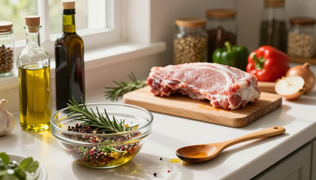 A beautifully arranged kitchen counter showcasing the process of creating a perfect marinade for pork neck. In the foreground, a glass bowl filled with vibrant herbs and spices, including rosemary, garlic, and pepper, sits next to olive oil and balsamic vinegar. A wooden spoon, slightly stained with marinade, rests beside the bowl, hinting at the active preparation. In the middle ground, a marinated piece of pork neck is elegantly displayed on a chopping board, surrounded by fresh vegetables like bell peppers and onions. Soft natural sunlight filters through a nearby window, creating warm, golden tones throughout the scene. In the background, shelves lined with various jars of spices and condiments add layers to the homey atmosphere, evoking a sense of culinary creativity.