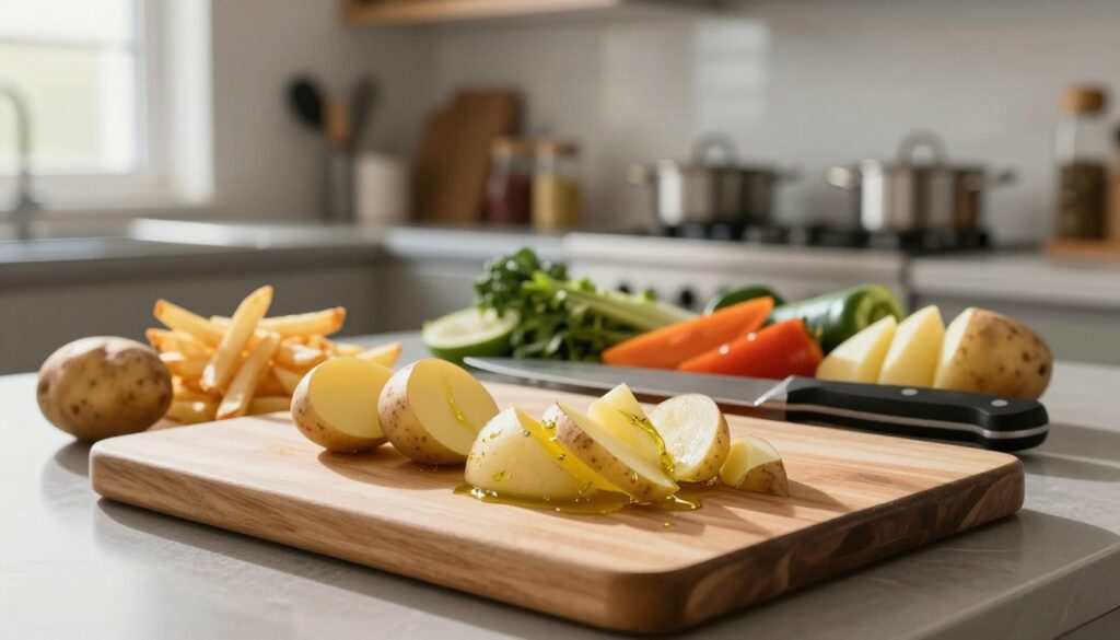 A beautifully arranged kitchen counter showcasing various potato cutting techniques, including French fries, wedges, and diced pieces. The foreground features a wooden cutting board with a few freshly cut potatoes in different styles, glistening with olive oil. In the middle, a chef’s knife lies beside an assortment of colorful vegetables, enhancing the composition. The background is softly blurred, showing shelves filled with cooking utensils and spices, creating a warm and inviting atmosphere. Natural light streams in from a nearby window, casting soft shadows and illuminating the textures of the potatoes. A professional, modern kitchen environment evokes a sense of culinary creativity and expertise. A beautifully arranged kitchen counter showcasing various potato cutting techniques, including French fries, wedges, and diced pieces. The foreground features a wooden cutting board with a few freshly cut potatoes in different styles, glistening with olive oil. In the middle, a chef’s knife lies beside an assortment of colorful vegetables, enhancing the composition. The background is softly blurred, showing shelves filled with cooking utensils and spices, creating a warm and inviting atmosphere. Natural light streams in from a nearby window, casting soft shadows and illuminating the textures of the potatoes. A professional, modern kitchen environment evokes a sense of culinary creativity and expertise.