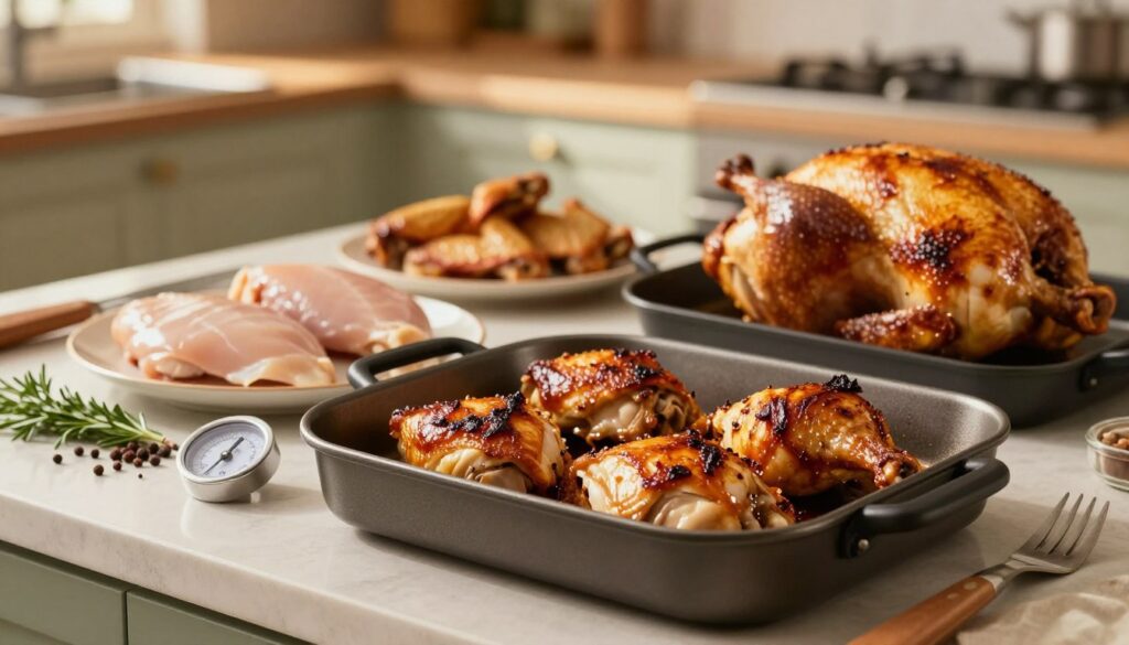 A beautifully arranged kitchen countertop showcasing the differences in roasting various parts of poultry, including chicken breasts, thighs, wings, and a whole chicken. In the foreground, focus on a roasting pan with glistening, browned chicken pieces, highlighting the juicy texture and golden skin. In the middle, incorporate fresh herbs, spices, and a meat thermometer, emphasizing the importance of temperature in cooking. The background features an ambient kitchen setting with soft, warm lighting, casting gentle shadows for a cozy atmosphere. Use a shallow depth of field to draw attention to the foreground, ensuring a professional, inviting look. The overall mood is warm and appetizing, ideal for illustrating the nuances of poultry roasting techniques. A beautifully arranged kitchen countertop showcasing the differences in roasting various parts of poultry, including chicken breasts, thighs, wings, and a whole chicken. In the foreground, focus on a roasting pan with glistening, browned chicken pieces, highlighting the juicy texture and golden skin. In the middle, incorporate fresh herbs, spices, and a meat thermometer, emphasizing the importance of temperature in cooking. The background features an ambient kitchen setting with soft, warm lighting, casting gentle shadows for a cozy atmosphere. Use a shallow depth of field to draw attention to the foreground, ensuring a professional, inviting look. The overall mood is warm and appetizing, ideal for illustrating the nuances of poultry roasting techniques.