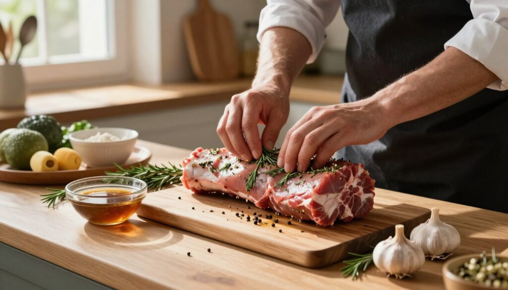 A beautifully arranged kitchen countertop showcasing the preparation of pork neck (karkówka) for roasting. In the foreground, a seasoned pork neck marinated in herbs and spices sits on a wooden cutting board beside fresh garlic, rosemary, and a small bowl of marinade. In the middle, a chef’s hands in modest attire are gently massaging the marinade into the meat, exuding attention and care. The kitchen is warm and inviting, with natural light streaming in from a nearby window, casting soft shadows that create a cozy atmosphere. In the background, a well-organized array of ingredients and kitchen utensils hint at a passion for cooking. The scene captures an aura of preparation and expertise, encouraging the viewer to engage in the art of cooking. A beautifully arranged kitchen countertop showcasing the preparation of pork neck (karkówka) for roasting. In the foreground, a seasoned pork neck marinated in herbs and spices sits on a wooden cutting board beside fresh garlic, rosemary, and a small bowl of marinade. In the middle, a chef’s hands in modest attire are gently massaging the marinade into the meat, exuding attention and care. The kitchen is warm and inviting, with natural light streaming in from a nearby window, casting soft shadows that create a cozy atmosphere. In the background, a well-organized array of ingredients and kitchen utensils hint at a passion for cooking. The scene captures an aura of preparation and expertise, encouraging the viewer to engage in the art of cooking.