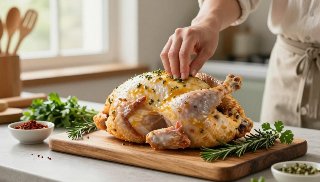 A beautifully arranged kitchen countertop with a whole chicken ready for marination, situated in the foreground. The chicken is displayed on a rustic wooden cutting board, surrounded by fresh herbs like rosemary, thyme, and parsley, along with a small bowl of vibrant spices. A helpful hand, wearing modest casual attire, is gently massaging a flavorful marinade into the chicken skin to enhance juiciness and crispiness. In the background, a soft-focus of cooking utensils and a well-lit window falls in natural light, creating a warm and inviting atmosphere. The overall mood is one of culinary artistry, capturing the essence of preparing chicken for roasting, emphasizing freshness and deliciousness. The angle highlights the textures of the chicken and herbs, making the image visually appealing and informative.