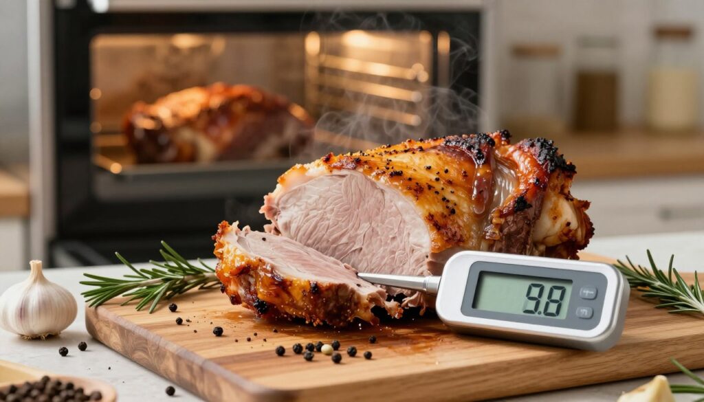A beautifully arranged kitchen scene featuring a perfectly roasted pork shoulder on a wooden cutting board, showcasing succulent, juicy meat with a crispy golden-brown crust. In the foreground, a digital meat thermometer inserted into the meat, clearly displaying the temperature reading, reflects the focus on temperature control. The middle ground includes various herbs and spices used in the marinade, such as rosemary, garlic, and black pepper, artfully scattered around. The background shows a softly lit oven with a glass door, revealing a glimpse of cooking meat and subtle steam. The warm lighting creates a cozy, inviting atmosphere, emphasizing the importance of precise cooking techniques. The scene conveys a sense of culinary expertise and attention to detail, perfect for illustrating the section on temperature and baking time control.