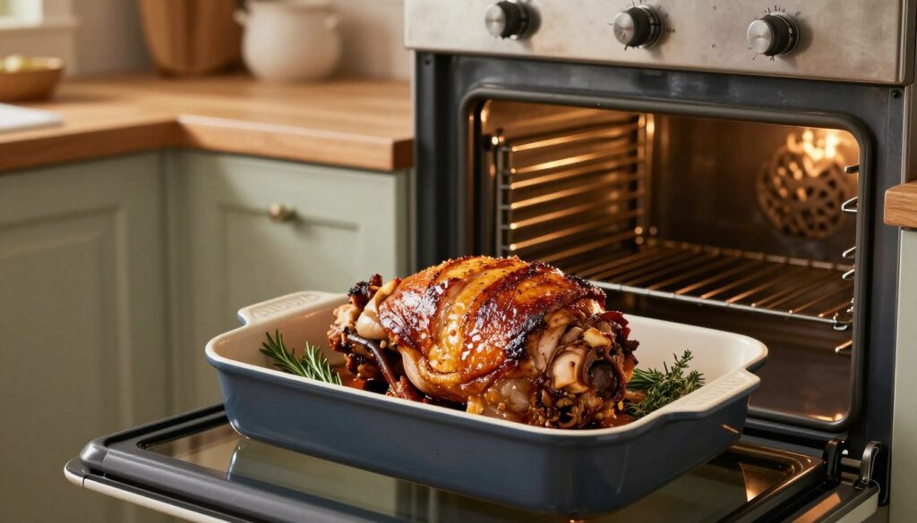 A beautifully arranged kitchen scene featuring a succulent roast pork shoulder being cooked in both an oven-safe sleeve and a roasting pan. In the foreground, the roast is golden brown, glistening with juices, and surrounded by aromatic herbs like rosemary and thyme. The middle ground showcases a traditional oven with the door slightly ajar, revealing the cooking pork. In the background, there are rustic kitchen elements, including wooden countertops and soft, ambient lighting that creates a warm and inviting atmosphere. The composition captures the essence of comforting home cooking, with a focus on the delicious meal preparation process. The photo is taken from a slight angle, allowing a view of both the roast and the kitchen environment.