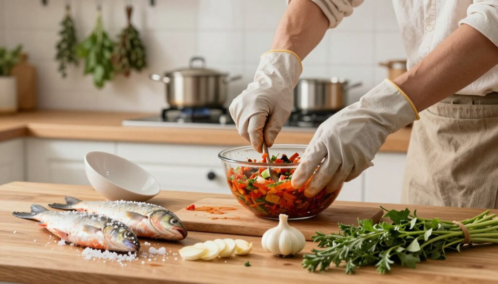 A beautifully arranged kitchen scene showcasing the common mistakes in marinating carp. In the foreground, various marinating ingredients scatter across a wooden countertop: over-salted fish, improperly sliced garlic, and wilted herbs. A half-filled bowl of preparation lies open, with a few spills, highlighting carelessness. In the middle ground, two hands, clad in modest kitchen gloves, attempt to stir a vibrant, over-seasoned marinade, showcasing frustration. The background features a well-lit kitchen with herbs hanging from hooks and pots simmering on the stove, creating a warm, inviting atmosphere. Soft, diffused lighting emphasizes the textures of the ingredients while casting gentle shadows, evoking a sense of culinary exploration and the importance of proper technique in marinating.
