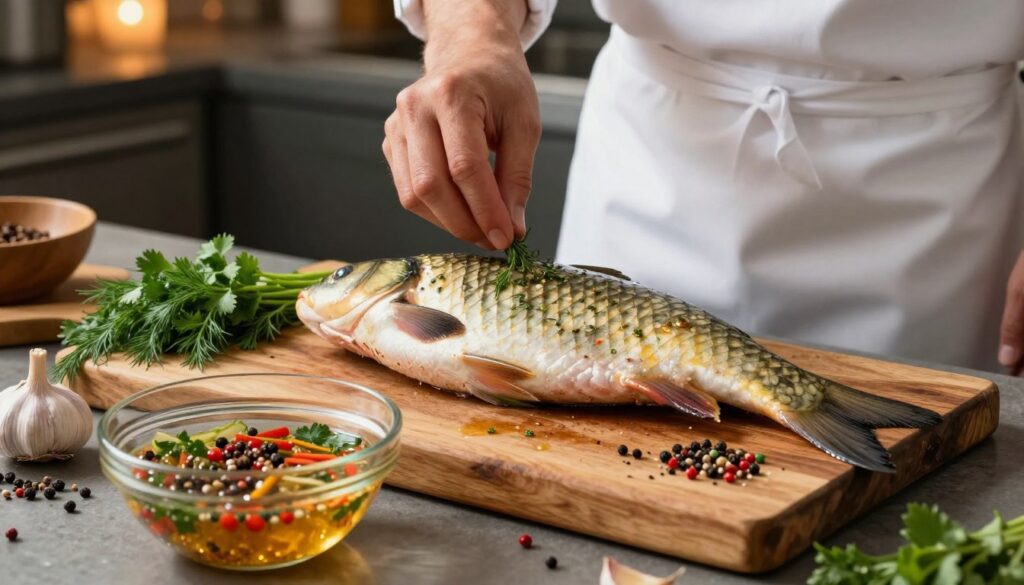 A beautifully arranged kitchen scene, showcasing the preparation of a whole carp fish, ready for marinating. The carp is lying on a rustic wooden cutting board, glistening with fresh herbs like dill and parsley, surrounded by a selection of colorful spices and garlic cloves. In the foreground, a glass bowl filled with sparkling marinade sits invitingly, capturing interest with its vibrant colors. The background features a softly lit kitchen environment with warm, ambient lighting that creates a homey atmosphere. A chef, wearing a crisp white apron, is delicately seasoning the fish, emphasizing a sense of care and culinary artistry. The angle is slightly elevated, allowing for a detailed view of the fish and ingredients, encapsulating the essence of preparing carp for its flavorful journey.