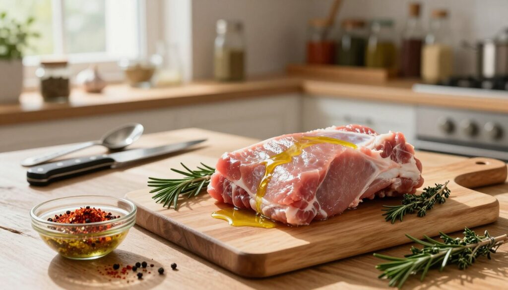 A beautifully arranged kitchen scene showcasing the preparation of meat for marination. In the foreground, a clean wooden cutting board holds a generous piece of pork neck, glistening with a light rub of olive oil and surrounded by fresh herbs like rosemary and thyme. A small bowl of marinade ingredients, including garlic, paprika, and black pepper, sits nearby. In the middle ground, a rustic kitchen table displays utensils like a sharp knife and measuring spoons, adding a touch of authenticity. The background features softly blurred shelves filled with spices and cooking tools, bathed in warm, natural light streaming in from a nearby window. The atmosphere is inviting and tranquil, emphasizing the care and attention involved in preparing meat before marination. A beautifully arranged kitchen scene showcasing the preparation of meat for marination. In the foreground, a clean wooden cutting board holds a generous piece of pork neck, glistening with a light rub of olive oil and surrounded by fresh herbs like rosemary and thyme. A small bowl of marinade ingredients, including garlic, paprika, and black pepper, sits nearby. In the middle ground, a rustic kitchen table displays utensils like a sharp knife and measuring spoons, adding a touch of authenticity. The background features softly blurred shelves filled with spices and cooking tools, bathed in warm, natural light streaming in from a nearby window. The atmosphere is inviting and tranquil, emphasizing the care and attention involved in preparing meat before marination.