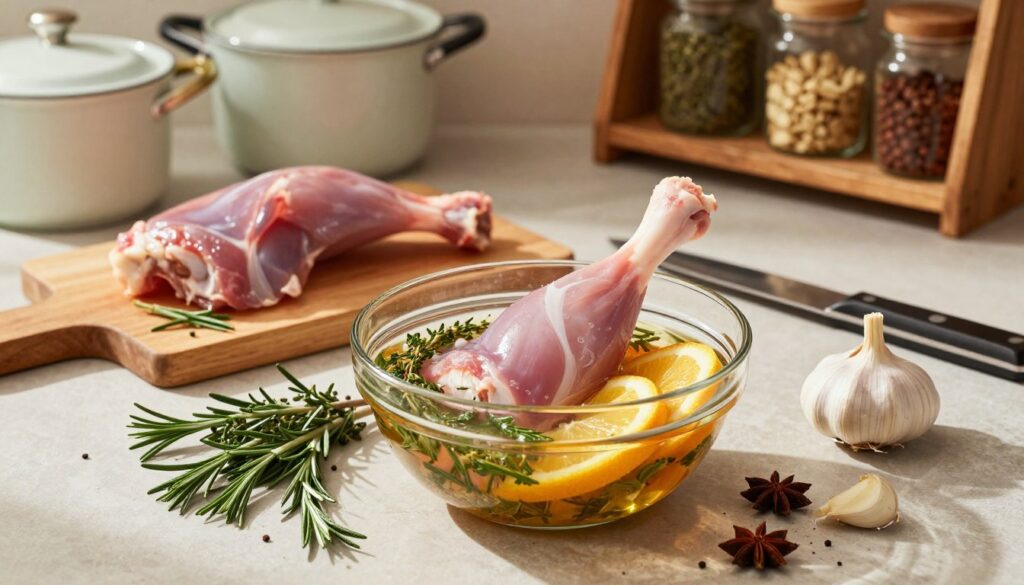 A beautifully arranged kitchen scene showcasing various rabbit marinating techniques. In the foreground, a glass bowl filled with a vibrant marinade composed of herbs, garlic, and citrus slices, with a tender rabbit leg immersed in it. Surrounding the bowl, fresh ingredients like rosemary, thyme, and whole spices are artistically scattered. The middle ground features a cutting board with additional marinated rabbit pieces and a chef's knife, hinting at preparation steps. The background includes soft-focus kitchen elements like pots and a rustic wooden shelf filled with jars of spices, creating a warm and inviting atmosphere. The lighting is warm and natural, casting soft shadows that enhance the textures of the ingredients. The overall mood is cozy, encouraging a sense of culinary creativity and passion for cooking.