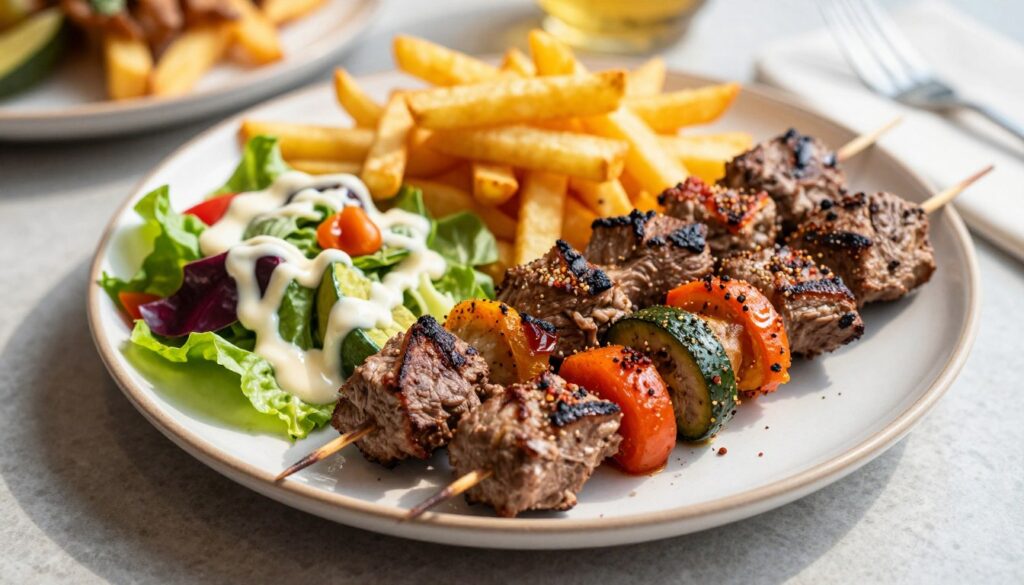 A beautifully arranged plate featuring a kebab with succulent grilled meat, vibrant vegetables, and aromatic spices. The kebab is served alongside golden, crispy fries and a colorful fresh salad garnished with a drizzle of creamy sauce. In the background, a softly blurred table setting enhances the meal's appeal, basking in natural sunlight that casts gentle shadows, creating a warm and inviting atmosphere. The image is captured from a top-down angle to showcase the vibrant colors and textures of the food, with a shallow depth of field to keep the focus on the kebab and its delicious accompaniments. The overall mood is appetizing and enticing, perfect for a culinary feature.