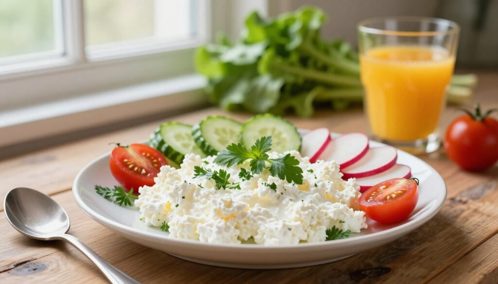 A beautifully arranged plate featuring creamy "serek wiejski" (cottage cheese) topped with fresh herbs and colorful vegetables like cherry tomatoes, cucumber slices, and radishes. In the foreground, a spoon is placed artistically beside the plate, hinting at a light, healthy meal. In the middle ground, a rustic wooden table adds warmth, complemented by natural morning light filtering through a nearby window, creating a soft, inviting atmosphere. In the background, there are blurred, fresh ingredients like leafy greens and a glass of freshly squeezed juice, evoking a sense of wellness. The overall mood is bright and cheerful, perfect for a refreshing breakfast or light dinner that aligns with a reduction diet.