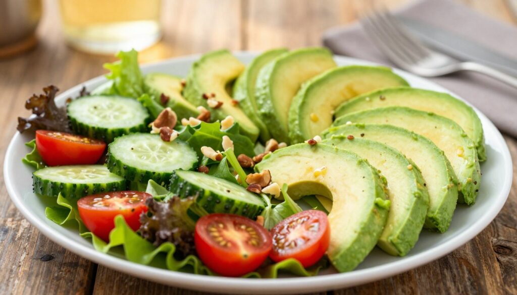 A beautifully arranged plate featuring slices of ripe avocado artistically placed among a vibrant salad. The foreground displays fresh ingredients like cherry tomatoes, crisp cucumbers, and mixed greens, showcasing a palette of bright greens and reds. The middle layer includes chunks of creamy avocado and nuts sprinkled throughout for added texture and appeal. The background softly blurs, revealing a rustic wooden table and warm, ambient sunlight filtering through, creating a cozy and inviting atmosphere. The scene is captured from a top-down angle, emphasizing the colorful arrangement while maintaining a sense of freshness and healthfulness that embodies the essence of a delightful salad. A beautifully arranged plate featuring slices of ripe avocado artistically placed among a vibrant salad. The foreground displays fresh ingredients like cherry tomatoes, crisp cucumbers, and mixed greens, showcasing a palette of bright greens and reds. The middle layer includes chunks of creamy avocado and nuts sprinkled throughout for added texture and appeal. The background softly blurs, revealing a rustic wooden table and warm, ambient sunlight filtering through, creating a cozy and inviting atmosphere. The scene is captured from a top-down angle, emphasizing the colorful arrangement while maintaining a sense of freshness and healthfulness that embodies the essence of a delightful salad.