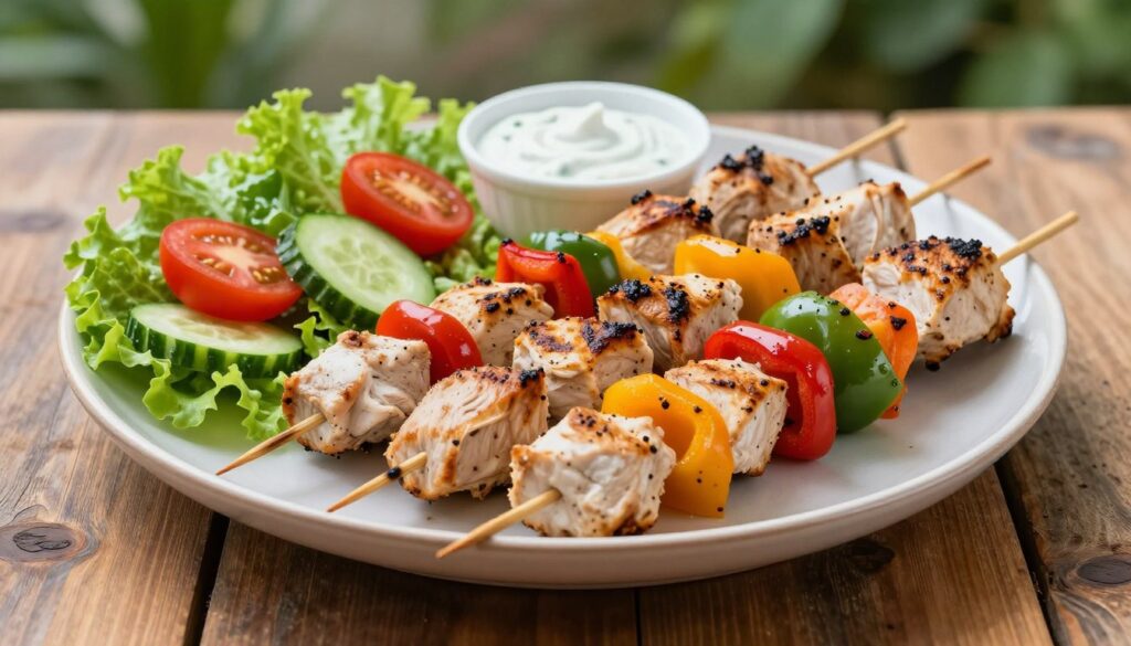 A beautifully arranged plate of a lighter kebab version, featuring lean grilled chicken skewers, vibrant bell peppers, and fresh vegetables like lettuce, cucumbers, and tomatoes. The kebab skewers are artfully presented on a rustic wooden table, surrounded by a vibrant green salad and a small bowl of tangy yogurt sauce. The scene is bathed in soft, natural lighting that highlights the fresh colors and textures of the ingredients. In the background, a blurred outdoor setting with greenery adds to the freshness of the atmosphere. The overall mood is healthy and inviting, perfect for a delicious, guilt-free meal. A beautifully arranged plate of a lighter kebab version, featuring lean grilled chicken skewers, vibrant bell peppers, and fresh vegetables like lettuce, cucumbers, and tomatoes. The kebab skewers are artfully presented on a rustic wooden table, surrounded by a vibrant green salad and a small bowl of tangy yogurt sauce. The scene is bathed in soft, natural lighting that highlights the fresh colors and textures of the ingredients. In the background, a blurred outdoor setting with greenery adds to the freshness of the atmosphere. The overall mood is healthy and inviting, perfect for a delicious, guilt-free meal.