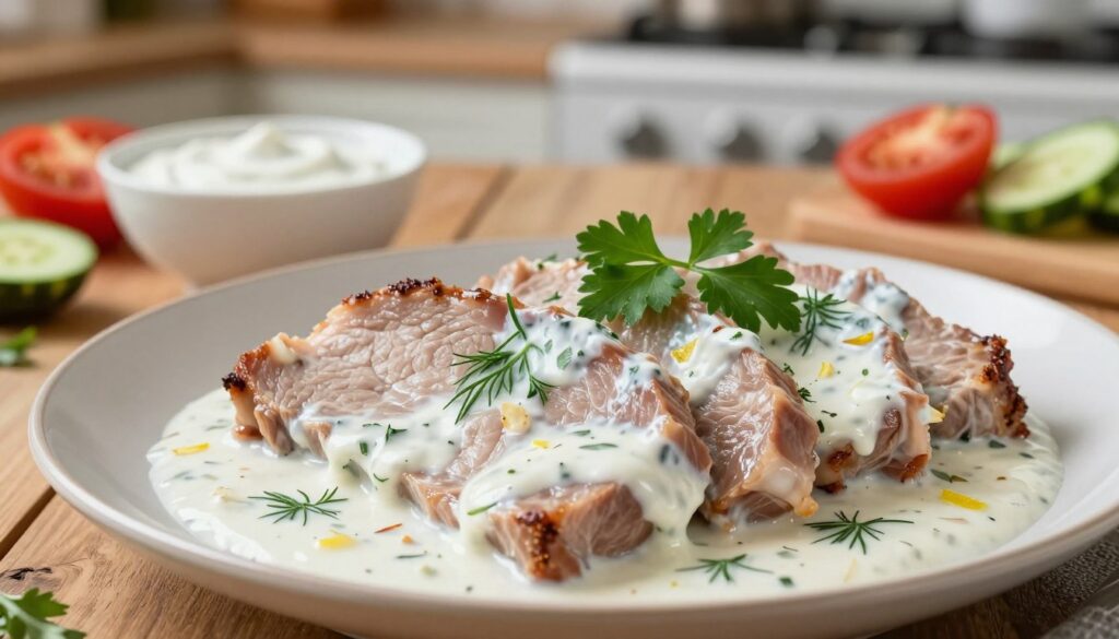 A beautifully arranged plate of marinated pork loin, glistening with a creamy yogurt marinade. In the foreground, focus on the succulent, tender pork cutlets, garnished with fresh herbs like parsley and dill for a pop of color. The marinade should have a smooth, slightly tangy appearance, hinting at spices such as garlic and lemon zest mixed in. In the middle ground, showcase a rustic wooden table with a small bowl of the yogurt marinade and sliced vegetables, like cucumbers and tomatoes, for additional freshness. The background should feature a soft, blurred kitchen setting with warm lighting to create a cozy atmosphere, enhancing the appeal of the dish. The overall mood is inviting and appetizing, conveying the idea of a healthy, flavorful alternative to traditional marinades.