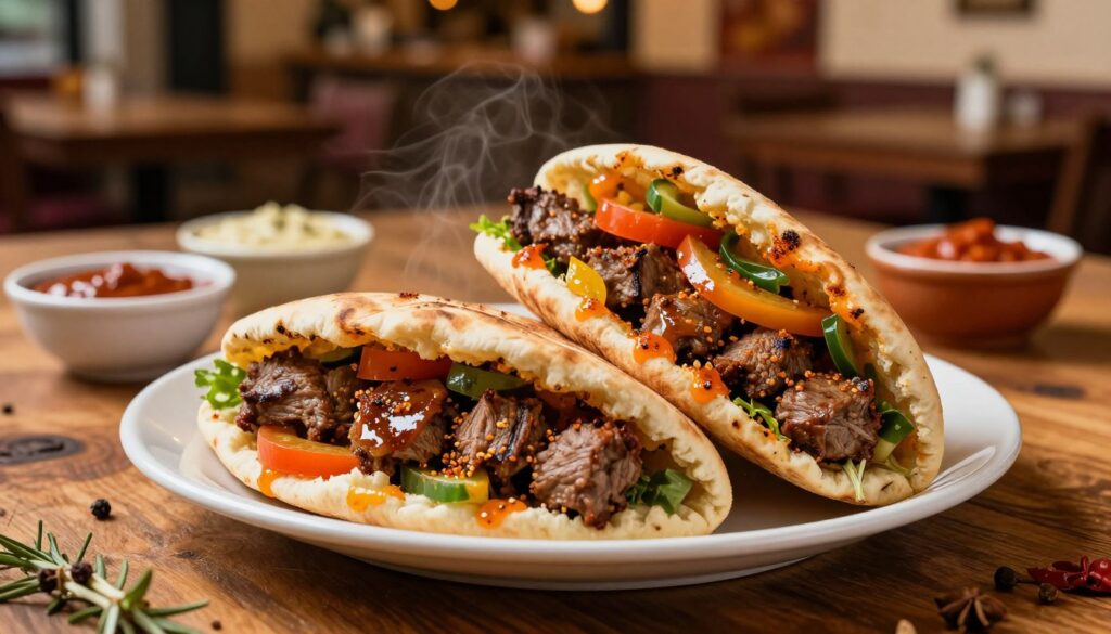 A beautifully arranged plate of "pita kizo," featuring warm, soft pita bread filled with delicately spiced kebab meat, fresh vegetables, and vibrant sauces. In the foreground, the pita is artistically cut open, showcasing the colorful layers of ingredients, with a few pieces of meat glistening with seasoning. In the middle ground, a rustic wooden table adds warmth to the scene, surrounded by small bowls of dipping sauces. The background features a cozy, inviting kebab shop ambiance, with subtle hints of spices in the air. Soft, warm lighting illuminates the dish, creating a mouthwatering glow while casting gentle shadows. The atmosphere is casual and welcoming, evoking the experience of enjoying delicious food in a local eatery. A beautifully arranged plate of "pita kizo," featuring warm, soft pita bread filled with delicately spiced kebab meat, fresh vegetables, and vibrant sauces. In the foreground, the pita is artistically cut open, showcasing the colorful layers of ingredients, with a few pieces of meat glistening with seasoning. In the middle ground, a rustic wooden table adds warmth to the scene, surrounded by small bowls of dipping sauces. The background features a cozy, inviting kebab shop ambiance, with subtle hints of spices in the air. Soft, warm lighting illuminates the dish, creating a mouthwatering glow while casting gentle shadows. The atmosphere is casual and welcoming, evoking the experience of enjoying delicious food in a local eatery.