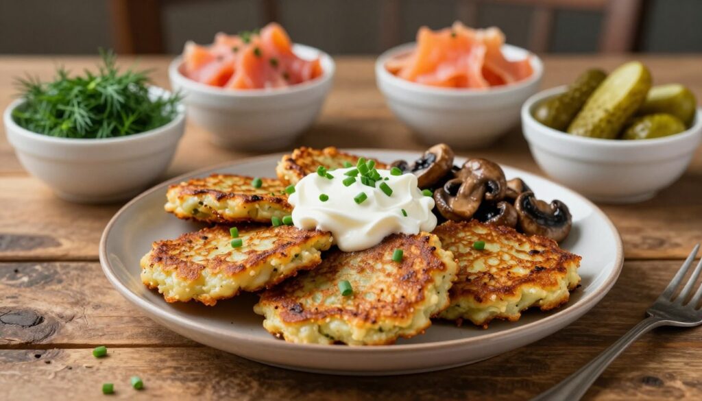 A beautifully arranged plate of savory potato pancakes served on a rustic wooden table. The pancakes are golden-brown and crispy, topped with a variety of delectable additions: a dollop of creamy sour cream, finely chopped chives, and a side of sautéed mushrooms. In the background, there are bowls filled with colorful toppings such as fresh dill, smoked salmon, and pickled cucumbers, enhancing the presentation. The scene is illuminated by warm, soft lighting that creates a cozy and inviting atmosphere. A shallow depth of field emphasizes the pancakes in the foreground, while the background remains softly blurred, drawing attention to the rich textures and colors of the dish. The overall mood is one of comfort and indulgence, perfect for a culinary exploration.