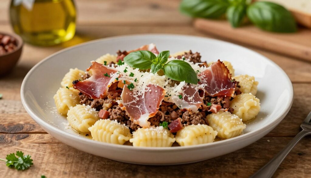 A beautifully arranged plate of tender gnocchi topped with savory meat additions, such as thinly sliced prosciutto, diced pancetta, and ground beef. The gnocchi is lightly dusted with fresh parmesan cheese and garnished with a sprinkle of vibrant green herbs, like parsley or basil. In the foreground, the dish is placed on a rustic wooden table, while a warm, soft light illuminates the scene, creating a cozy and inviting atmosphere. In the background, blurred hints of Italian-inspired decor, like bottles of olive oil and seasonal vegetables, enhance the culinary context. Capture the textures and colors vividly to evoke a heartwarming and satisfying meal. Use a slightly overhead angle to showcase the dish prominently. A beautifully arranged plate of tender gnocchi topped with savory meat additions, such as thinly sliced prosciutto, diced pancetta, and ground beef. The gnocchi is lightly dusted with fresh parmesan cheese and garnished with a sprinkle of vibrant green herbs, like parsley or basil. In the foreground, the dish is placed on a rustic wooden table, while a warm, soft light illuminates the scene, creating a cozy and inviting atmosphere. In the background, blurred hints of Italian-inspired decor, like bottles of olive oil and seasonal vegetables, enhance the culinary context. Capture the textures and colors vividly to evoke a heartwarming and satisfying meal. Use a slightly overhead angle to showcase the dish prominently.