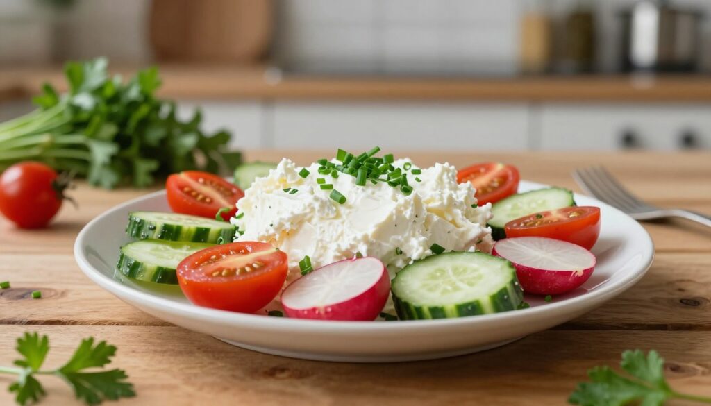 A beautifully arranged plate of twaróg salad, showcasing creamy white twaróg cheese as the centerpiece. Surround it with vibrant, fresh vegetables like cherry tomatoes, cucumbers, and radishes, alongside a sprinkle of chopped herbs like chives and parsley. In the foreground, a rustic wooden table enhances the natural presentation of the dish. Soft, diffused natural lighting casts gentle shadows, giving a warm and inviting atmosphere to the image. A blurred background features a simple kitchen setting with herbs and spices on shelves, emphasizing the culinary theme. Capture the salad from a slightly elevated angle, highlighting its colorful ingredients while retaining a clean, appetizing focus on the twaróg. A beautifully arranged plate of twaróg salad, showcasing creamy white twaróg cheese as the centerpiece. Surround it with vibrant, fresh vegetables like cherry tomatoes, cucumbers, and radishes, alongside a sprinkle of chopped herbs like chives and parsley. In the foreground, a rustic wooden table enhances the natural presentation of the dish. Soft, diffused natural lighting casts gentle shadows, giving a warm and inviting atmosphere to the image. A blurred background features a simple kitchen setting with herbs and spices on shelves, emphasizing the culinary theme. Capture the salad from a slightly elevated angle, highlighting its colorful ingredients while retaining a clean, appetizing focus on the twaróg.