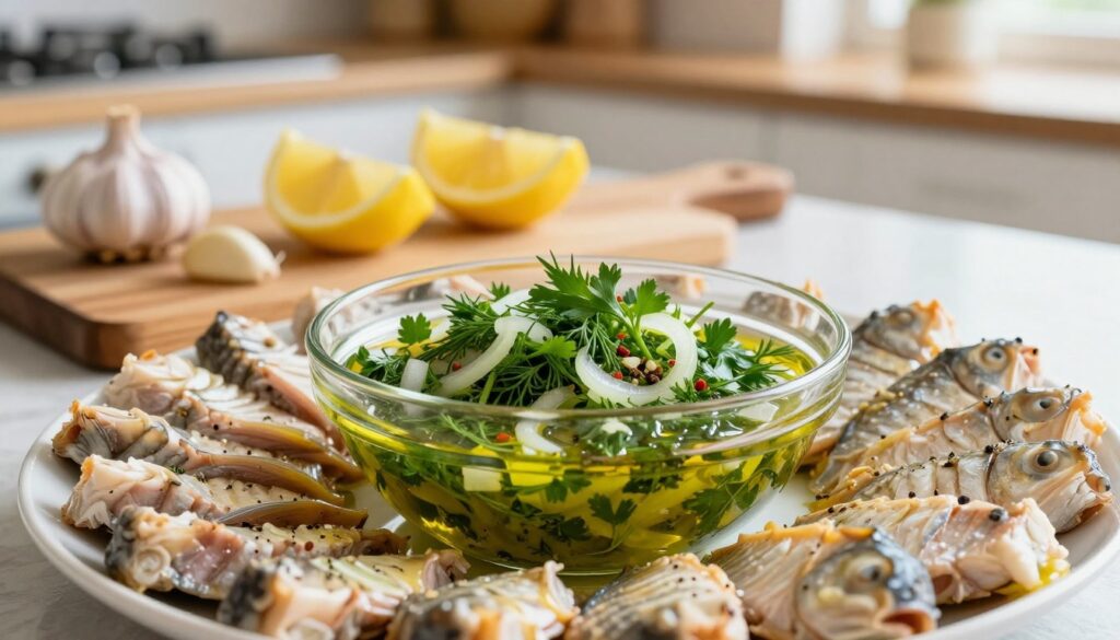 A beautifully arranged plate showcasing the best carp marinade. In the foreground, a vibrant glass bowl filled with a colorful mixture of fresh herbs like dill and parsley, sliced onions, and spices, glistening with olive oil. Surrounding the bowl, neatly arranged pieces of carp marinating, showing off their delicate texture. In the middle ground, a rustic wooden cutting board features additional ingredients like lemon wedges and garlic cloves, creating a homey kitchen atmosphere. The background is softly blurred, revealing a warm kitchen environment with natural light filtering in, enhancing the inviting mood. The focus is sharp on the marinade and fish, capturing the essence of freshness and culinary creativity.