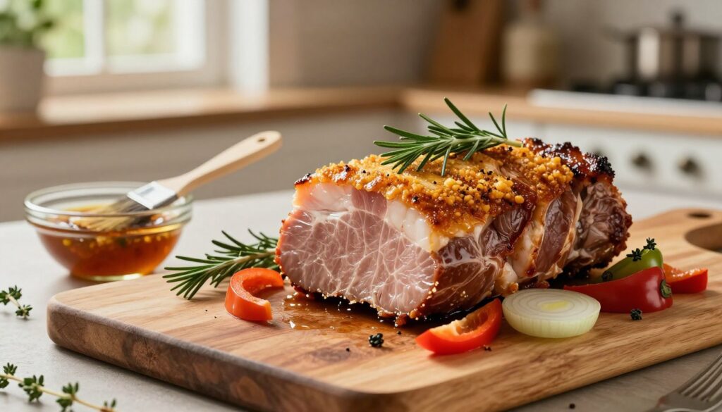 A beautifully arranged platter featuring a succulent piece of karkówka, a marinated pork neck steak, glistening with a golden-brown crust. The foreground showcases the meat, garnished with fresh herbs like rosemary and thyme, surrounded by colorful vegetables such as bell peppers and onions. In the middle ground, a rustic wooden cutting board is laid out, with a small bowl of marinade and a basting brush beside it, hinting at the preparation process. The background features a softly lit kitchen scene with warm, inviting tones and a hint of greenery through a window, creating an atmosphere of home cooking and comfort. The image captures a professional culinary setting with a focus on the juiciness and texture of the meat, inviting viewers to appreciate the artistry of marinating. A beautifully arranged platter featuring a succulent piece of karkówka, a marinated pork neck steak, glistening with a golden-brown crust. The foreground showcases the meat, garnished with fresh herbs like rosemary and thyme, surrounded by colorful vegetables such as bell peppers and onions. In the middle ground, a rustic wooden cutting board is laid out, with a small bowl of marinade and a basting brush beside it, hinting at the preparation process. The background features a softly lit kitchen scene with warm, inviting tones and a hint of greenery through a window, creating an atmosphere of home cooking and comfort. The image captures a professional culinary setting with a focus on the juiciness and texture of the meat, inviting viewers to appreciate the artistry of marinating.