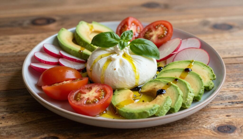A beautifully arranged platter featuring creamy burrata cheese at the center, surrounded by an artful display of vibrant vegetables and fruits. In the foreground, juicy heirloom tomatoes in various colors, iridescent slices of ripe avocado, and crunchy radishes create a refreshing color palette. In the middle, scattered drizzles of high-quality olive oil and balsamic glaze enhance the visual appeal, while aromatic fresh basil leaves add a touch of green. The background is softly blurred, featuring a rustic wooden table that elevates the natural aesthetic. The scene is illuminated by warm, soft lighting that casts gentle shadows, evoking an inviting and sophisticated atmosphere perfect for a culinary experience. The composition should be viewed from a slightly elevated angle to capture the enticing details of textures and colors, making the dish irresistible.