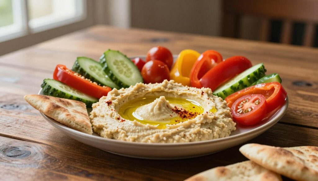 A beautifully arranged platter featuring creamy hummus at the center, surrounded by colorful, fresh vegetables like sliced cucumbers, cherry tomatoes, and bell peppers. In the foreground, add warm pita bread cut into triangles, with a drizzle of olive oil and a sprinkle of paprika on the hummus. The background features a rustic wooden table with a softly lit ambiance, creating a cozy atmosphere. Natural light filters in from a nearby window, casting gentle shadows. Use a shallow depth of field to focus on the vibrant colors of the food, while blurring the background slightly for a more inviting feel. The overall mood is warm, inviting, and appetizing, ideal for showcasing hummus as a nutritious meal complement.