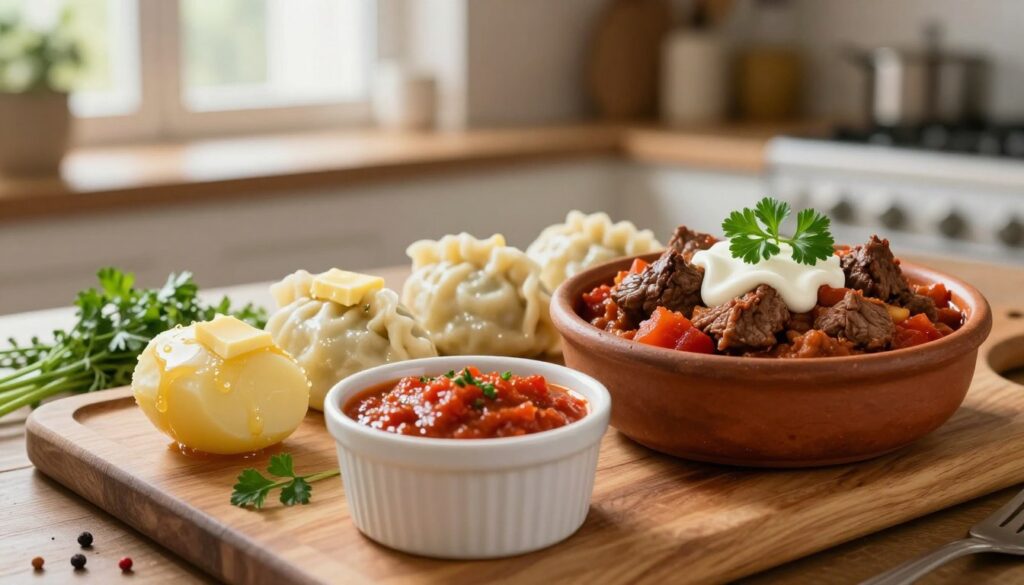 A beautifully arranged platter showcasing rich meat sauces and hearty goulash, ideal for serving with kopytka. In the foreground, a wooden board displays an assortment of vibrant dishes, with a savory beef goulash in a rustic bowl, garnished with fresh parsley and a drizzle of cream. Beside it, a deep, rich tomato-and-herb sauce is elegantly served in a small white ramekin. The middle ground features delicate potato dumplings glistening with butter, while a bouquet of herbs and spices adds depth to the scene. The background is softly blurred, with a warm, inviting kitchen ambiance, illuminated by gentle, diffused natural light coming from a window. The overall mood is cozy and inviting, perfect for a traditional yet refined dining experience. A beautifully arranged platter showcasing rich meat sauces and hearty goulash, ideal for serving with kopytka. In the foreground, a wooden board displays an assortment of vibrant dishes, with a savory beef goulash in a rustic bowl, garnished with fresh parsley and a drizzle of cream. Beside it, a deep, rich tomato-and-herb sauce is elegantly served in a small white ramekin. The middle ground features delicate potato dumplings glistening with butter, while a bouquet of herbs and spices adds depth to the scene. The background is softly blurred, with a warm, inviting kitchen ambiance, illuminated by gentle, diffused natural light coming from a window. The overall mood is cozy and inviting, perfect for a traditional yet refined dining experience.