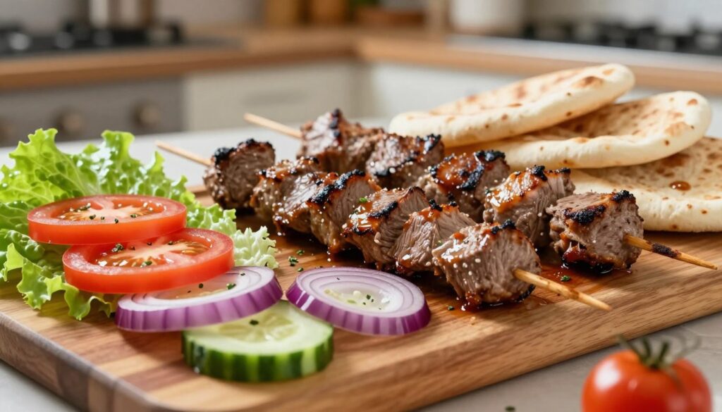 A beautifully arranged platter showcasing the ingredients of a kebab, including slices of grilled meat, fresh vegetables like lettuce, tomatoes, onions, and cucumbers, alongside warm pita bread and a drizzle of savory sauce. In the foreground, a close-up view of the kebab ingredients highlights their vibrant colors and textures, with a sprinkle of herbs for added detail. The middle of the image features a wooden board with kebab components artistically placed, allowing for an engaging composition. The background includes a soft-focus warm kitchen setting, illuminated by natural light, creating an inviting atmosphere. The overall mood conveys the freshness and deliciousness of kebab ingredients, suitable for an article focused on calories and meal portions. A beautifully arranged platter showcasing the ingredients of a kebab, including slices of grilled meat, fresh vegetables like lettuce, tomatoes, onions, and cucumbers, alongside warm pita bread and a drizzle of savory sauce. In the foreground, a close-up view of the kebab ingredients highlights their vibrant colors and textures, with a sprinkle of herbs for added detail. The middle of the image features a wooden board with kebab components artistically placed, allowing for an engaging composition. The background includes a soft-focus warm kitchen setting, illuminated by natural light, creating an inviting atmosphere. The overall mood conveys the freshness and deliciousness of kebab ingredients, suitable for an article focused on calories and meal portions.