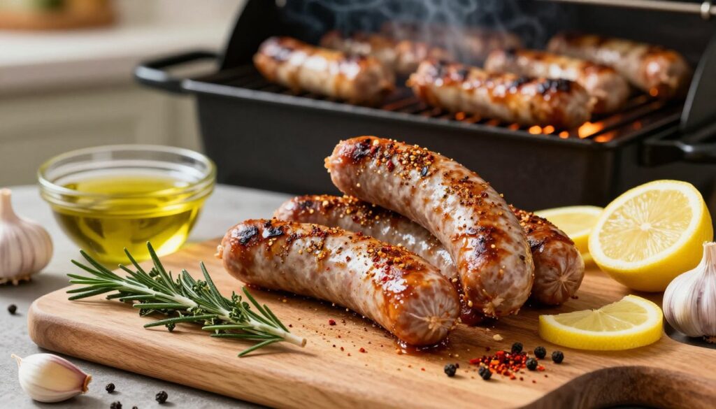 A beautifully arranged rustic kitchen scene showcasing the essential ingredients for a flavorful sausage marinade. In the foreground, a wooden cutting board holds fresh herbs like rosemary and thyme, along with vibrant spices such as paprika and black pepper. A bowl filled with olive oil, garlic cloves, and lemon slices is placed nearby. In the middle, there are marinated sausages coated in a rich, aromatic spice mix, ready for grilling. The background features a softly lit, open grill with sausages sizzling, emitting a golden-brown hue. The atmosphere is warm and inviting, evoking a sense of summer gatherings and delicious meals. Natural light filters in, casting gentle shadows and highlighting the freshness of the ingredients.