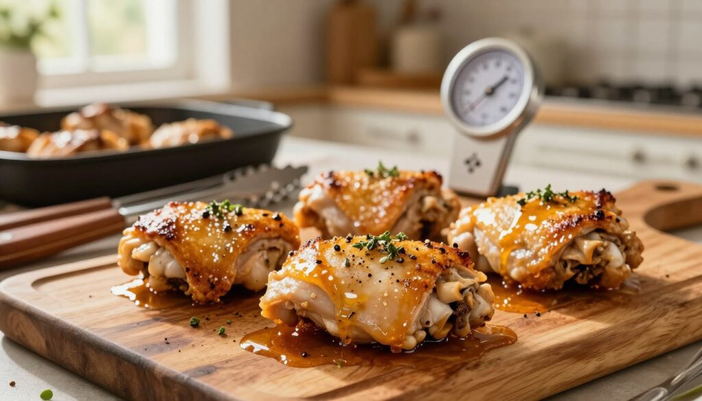 A beautifully arranged scene featuring oven-baked chicken thighs, capturing the essence of various cooking techniques that ensure juiciness. In the foreground, golden-brown chicken thighs are displayed on a rustic wooden cutting board, glistening with herbs and spices. Juicy drippings can be seen pooling around them. In the middle, a pair of tongs and a meat thermometer are strategically placed, emphasizing precision in cooking. In the background, a warm and inviting kitchen setting is bathed in soft, natural light from a window, adding to the cozy atmosphere. The camera angle is slightly above eye level to create a comprehensive view of the scene. The overall mood is appetizing and homely, highlighting the importance of proper techniques in achieving tender, flavorful chicken. A beautifully arranged scene featuring oven-baked chicken thighs, capturing the essence of various cooking techniques that ensure juiciness. In the foreground, golden-brown chicken thighs are displayed on a rustic wooden cutting board, glistening with herbs and spices. Juicy drippings can be seen pooling around them. In the middle, a pair of tongs and a meat thermometer are strategically placed, emphasizing precision in cooking. In the background, a warm and inviting kitchen setting is bathed in soft, natural light from a window, adding to the cozy atmosphere. The camera angle is slightly above eye level to create a comprehensive view of the scene. The overall mood is appetizing and homely, highlighting the importance of proper techniques in achieving tender, flavorful chicken.