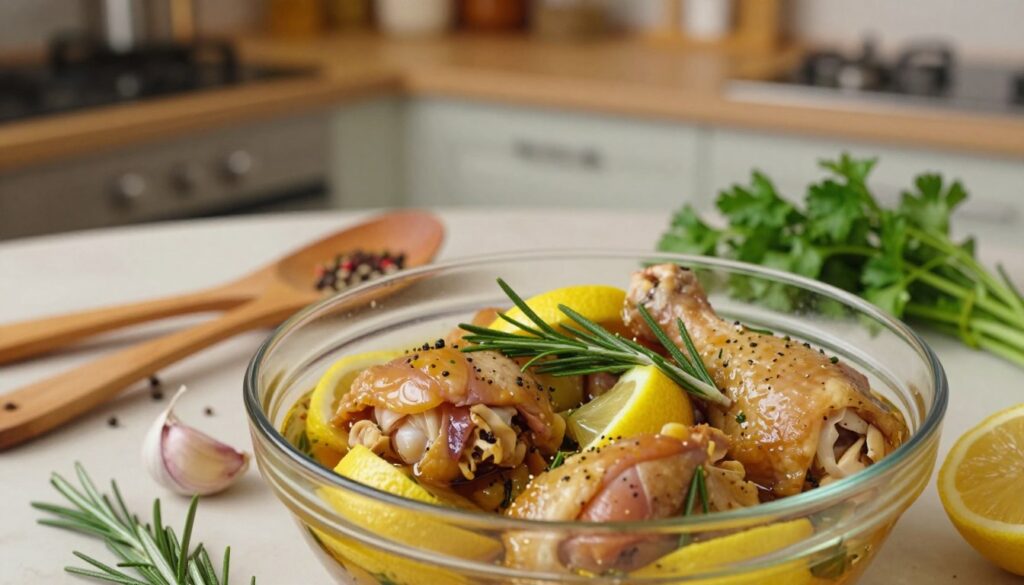 A beautifully arranged scene showcasing chicken marinating in a glass bowl, surrounded by vibrant herbs and spices. In the foreground, a close-up of the marinated chicken glistens with a mix of bold colors from garlic, lemon, and fresh rosemary, emphasizing the juicy texture. In the middle ground, wooden utensils, a measuring spoon with spices, and a sprig of parsley create an inviting kitchen atmosphere. The background features a softly blurred kitchen counter and warm ambient lighting, evoking a cozy culinary experience. The photograph is taken from an overhead angle with a shallow depth of field, highlighting the dish while softly blurring the workspace around it, creating a warm, appetizing mood.