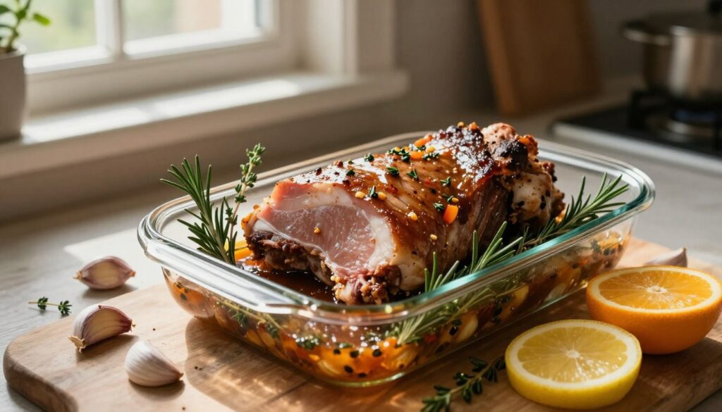 A beautifully arranged scene showcasing marinated pork shoulder resting in a glass dish, surrounded by fresh herbs like rosemary and thyme, with garlic cloves scattered artfully. A few slices of citrus, such as lemon and orange, add vibrant color and zest to the composition. The background features a rustic kitchen tabletop, softly lit by warm, diffused natural light filtering through a nearby window, creating a cozy atmosphere. The perspective is slightly elevated, capturing the rich textures of the marinade glistening on the meat, while the shadows cast evoke a sense of warmth and depth. The overall mood is inviting and appetizing, perfect for illustrating the process of marinating meat in a homey kitchen environment. A beautifully arranged scene showcasing marinated pork shoulder resting in a glass dish, surrounded by fresh herbs like rosemary and thyme, with garlic cloves scattered artfully. A few slices of citrus, such as lemon and orange, add vibrant color and zest to the composition. The background features a rustic kitchen tabletop, softly lit by warm, diffused natural light filtering through a nearby window, creating a cozy atmosphere. The perspective is slightly elevated, capturing the rich textures of the marinade glistening on the meat, while the shadows cast evoke a sense of warmth and depth. The overall mood is inviting and appetizing, perfect for illustrating the process of marinating meat in a homey kitchen environment.