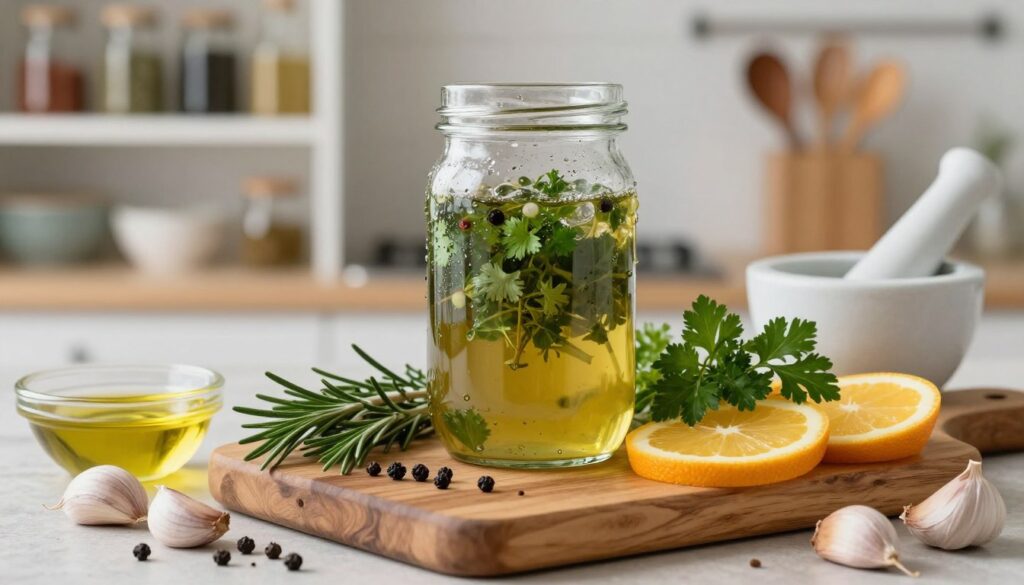 A beautifully arranged selection of ingredients for a marinade, featuring fresh herbs such as rosemary, thyme, and parsley, alongside vibrant spices like black peppercorns, garlic cloves, and citrus slices. In the foreground, a rustic wooden cutting board holds these components artistically, surrounded by a small bowl of olive oil and a mortar and pestle. The middle ground showcases a slightly blurred glass jar filled with an aromatic marinade, with droplets of condensation on the glass, hinting at freshness. In the background, softly lit kitchen shelves display various spices and utensils, creating a warm, inviting atmosphere. The lighting is natural and soft, enhancing the freshness of the ingredients and evoking a sense of culinary artistry.
