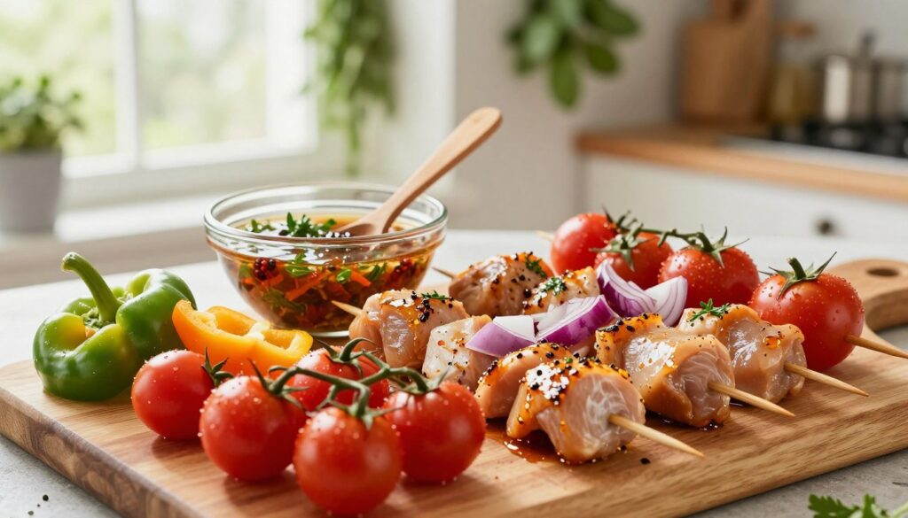 A beautifully arranged selection of ingredients for chicken skewers, featuring vivid colors and fresh textures. In the foreground, display a cutting board with marinated chicken pieces, vibrant bell peppers, juicy cherry tomatoes, and red onion chunks, all artfully arranged. In the middle, add a bowl of homemade marinade, rich in herbs and spices, with a wooden spoon resting beside it. The background should be softly blurred, showing a rustic kitchen setting with fresh herbs hanging and natural light streaming through a window, creating a warm, inviting atmosphere. The overall mood should convey a sense of preparation and anticipation for a delicious meal.