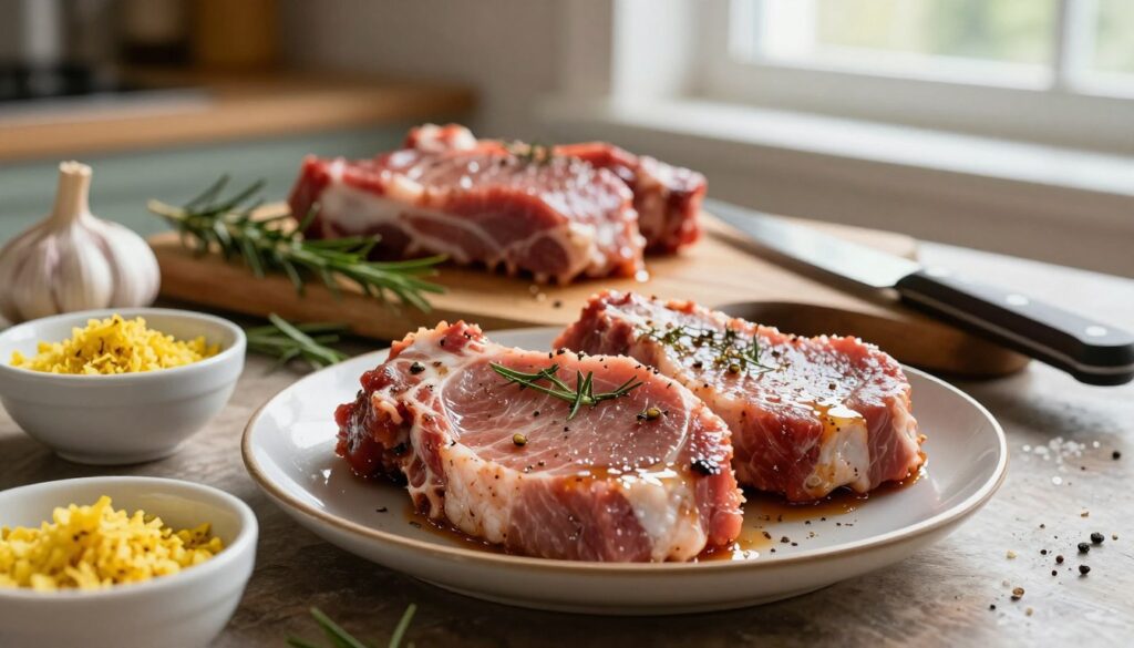 A beautifully arranged selection of marinated pork chops, showcasing their tender, juicy texture. In the foreground, the focus is on a plate of succulent pork chops glistening with a rich marinade that highlights herbs and spices. Surrounding them are small bowls filled with fresh ingredients such as garlic, rosemary, and lemon zest, adding vibrant color. The middle ground features a rustic wooden cutting board, suggesting a kitchen setting, with a sharp knife and scattered coarse sea salt for seasoning. In the background, softly blurred, rustic kitchen elements create a warm and inviting atmosphere. The lighting is natural and soft, pouring in from a window, casting gentle shadows that enhance the textures. The mood is warm, inviting, and appetizing, perfect for a culinary article about choosing the right marinade for meat.