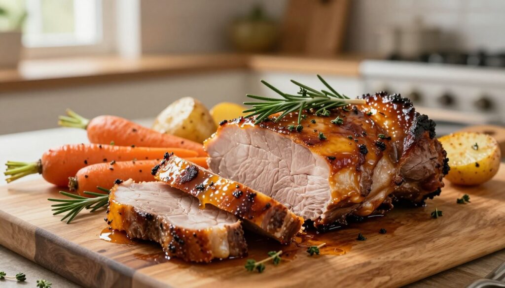 A beautifully arranged serving of roasted karkówka (pork neck) placed on a rustic wooden cutting board. The foreground features thick, succulent slices of meat, glistening with a rich, golden-brown glaze, topped with fresh herbs like rosemary and thyme for added color. In the middle ground, garnishes of roasted vegetables such as carrots and potatoes are artfully arranged around the pork, showcasing vibrant oranges and yellows. The background includes a softly blurred setting of a warm, inviting kitchen, with gentle natural light streaming in from a nearby window, creating a cozy and appetizing atmosphere. The focus is sharp on the meat, inviting the viewer to appreciate its juicy texture and enticing aroma.