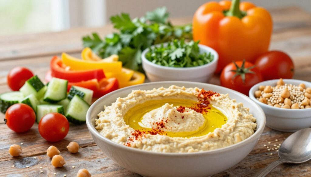 A beautifully arranged spread featuring the best toppings for chickpea paste (hummus), set on a rustic wooden table. In the foreground, an inviting bowl of creamy hummus, drizzled with high-quality olive oil and sprinkled with paprika. Surrounding it, vibrant sides of diced cucumbers, cherry tomatoes, and colorful bell peppers, creating a feast for the eyes. In the middle ground, small dishes with fresh herbs like parsley and cilantro, alongside a sprinkle of toasted pine nuts and sesame seeds. A backdrop of soft, natural lighting illuminates the scene, enhancing the freshness of the ingredients. The atmosphere is warm and welcoming, suggesting a cozy gathering. The composition should have a shallow depth of field, focusing on the hummus and toppings while gently blurring the background for an artistic touch.
