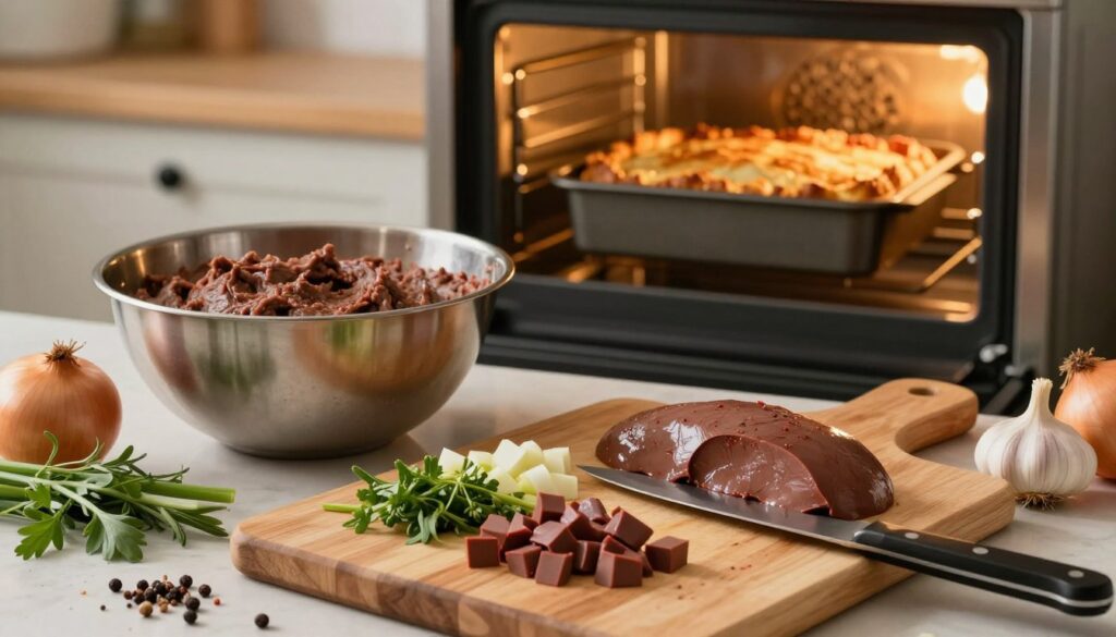 A beautifully arranged table featuring various ingredients for pâté, including rich liver, herbs, spices, and vegetables like onions and garlic. In the foreground, a wooden cutting board displays the freshly diced ingredients with a knife resting nearby, emphasizing the preparatory phase. The middle ground shows a robust metal mixing bowl with a deliciously aromatic pâté mixture, while behind it stands an oven preheated to a golden hue, its door slightly ajar revealing a perfectly baked pâté emerging with a golden crust. Ambient kitchen lighting casts a warm glow, enhancing the inviting atmosphere. The image captures the essence of cooking, highlighting the delicate balance of flavors and the influence of ingredients on the baking process without any text or overlay.
