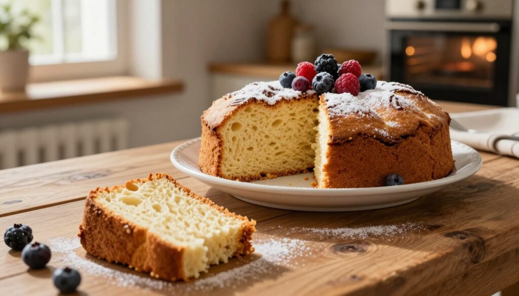 A beautifully baked biszkopt cake sitting on a rustic wooden table, showcasing its golden-brown exterior and fluffy texture. The foreground features a perfectly sliced piece of the cake, with soft, airy layers revealed. In the middle, the entire biszkopt is displayed on an elegant white ceramic plate, garnished with fresh berries and a light dusting of powdered sugar to enhance its appeal. The background shows a warm, inviting kitchen setting with soft natural light filtering through a window, illuminating the scene. A glimpse of an oven with gentle heat radiating is visible, highlighting the concept of thermobaking. The overall mood is cozy and homely, evoking the warmth of home baking. A beautifully baked biszkopt cake sitting on a rustic wooden table, showcasing its golden-brown exterior and fluffy texture. The foreground features a perfectly sliced piece of the cake, with soft, airy layers revealed. In the middle, the entire biszkopt is displayed on an elegant white ceramic plate, garnished with fresh berries and a light dusting of powdered sugar to enhance its appeal. The background shows a warm, inviting kitchen setting with soft natural light filtering through a window, illuminating the scene. A glimpse of an oven with gentle heat radiating is visible, highlighting the concept of thermobaking. The overall mood is cozy and homely, evoking the warmth of home baking.