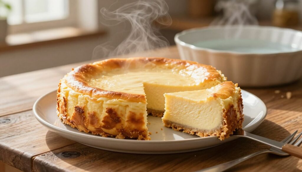 A beautifully baked cheesecake sits elegantly on a rustic wooden table, showcasing its creamy texture and golden top. The cheesecake is presented on a delicate ceramic plate, with a smooth, glossy finish reflecting soft, warm lighting. In the foreground, a slice is cut, revealing its rich, velvety interior, emphasizing the contrast between the creamy filling and the crumbly crust. In the background, a gentle shimmer of steam rises from a round baking dish filled with water, highlighting the water bath technique used for baking. The setting is cozy, with a warm kitchen ambiance, and soft, diffused sunlight streaming through a nearby window, creating a serene and inviting atmosphere ideal for capturing the essence of perfect cheesecake baking techniques.