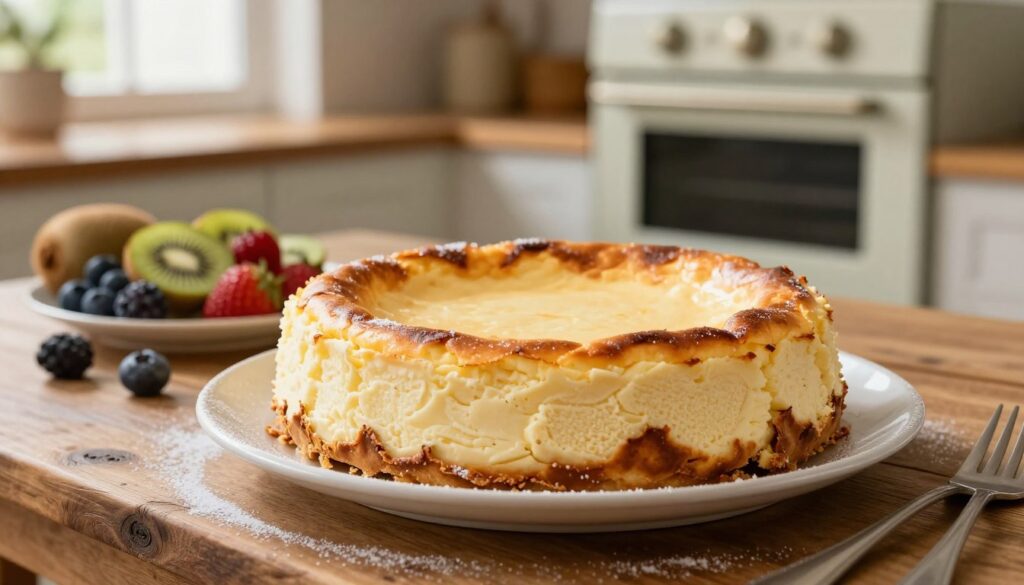 A beautifully baked cheesecake with a creamy and smooth texture, sitting on a rustic wooden table. In the foreground, show the cheesecake with a golden-brown top, slightly cracked yet appealing, positioned on a white plate with a light dusting of powdered sugar. In the middle ground, include a subtle assortment of fresh fruits, such as berries and slices of kiwi, adding vibrant colors. The background features a warm, inviting kitchen atmosphere with soft, natural lighting pouring in through a window, highlighting a vintage oven dial showing the ideal baking temperature. Capture a cozy and inviting mood, emphasizing the importance of temperature for perfect cheesecake consistency.