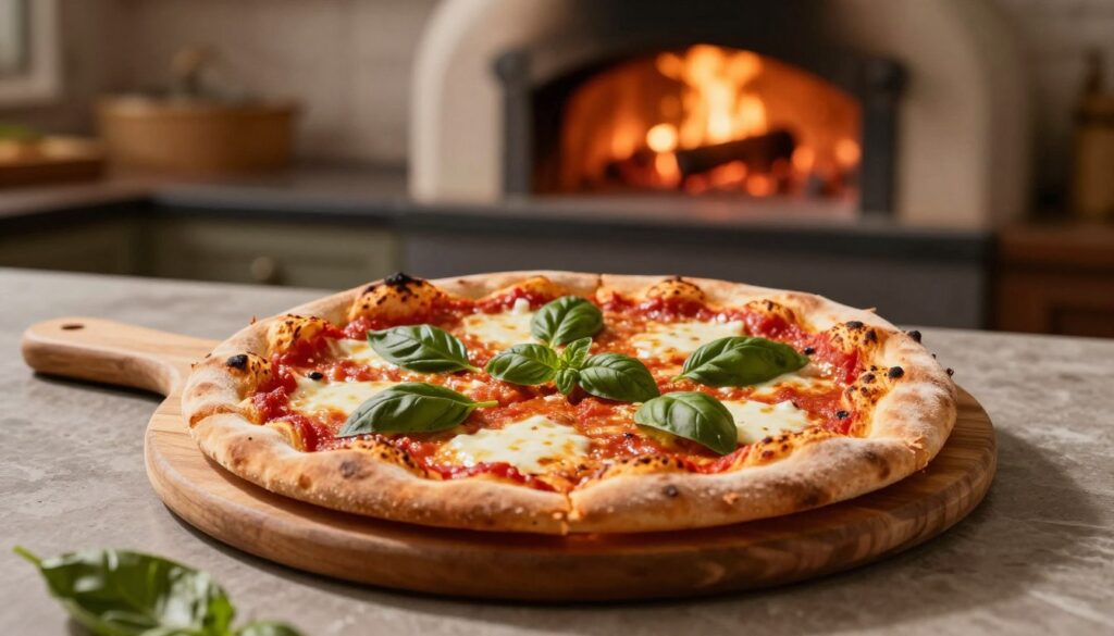 A beautifully baked pizza on a wooden pizza peel, set against a softly lit kitchen backdrop. The pizza features a perfectly golden crust, crispy edges, and a slightly risen, airy sponginess at the bottom, topped with vibrant red tomato sauce, melted mozzarella cheese, and fresh basil leaves. In the background, a rustic oven with glowing embers can be seen, suggesting the ideal baking temperature for achieving the perfect crust. The lighting is warm and inviting, casting gentle shadows that enhance the textures of the pizza and the rich color of the kitchen. The scene conveys a cozy atmosphere, perfect for home cooking, showcasing the art of pizza-making. A beautifully baked pizza on a wooden pizza peel, set against a softly lit kitchen backdrop. The pizza features a perfectly golden crust, crispy edges, and a slightly risen, airy sponginess at the bottom, topped with vibrant red tomato sauce, melted mozzarella cheese, and fresh basil leaves. In the background, a rustic oven with glowing embers can be seen, suggesting the ideal baking temperature for achieving the perfect crust. The lighting is warm and inviting, casting gentle shadows that enhance the textures of the pizza and the rich color of the kitchen. The scene conveys a cozy atmosphere, perfect for home cooking, showcasing the art of pizza-making.
