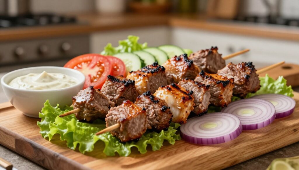A beautifully crafted homemade kebab, displayed on a wooden cutting board, is the focal point of the image. The kebab is generously filled with succulent, aromatic pieces of marinated meat, perfectly grilled to a golden brown. Surrounding the kebab are vibrant, fresh vegetables such as crisp lettuce, ripe tomatoes, crunchy cucumbers, and thinly sliced onions, adding color and texture. A small bowl of rich, creamy sauce is placed beside the kebab, showcasing its inviting presentation. The background features a cozy kitchen setting with warm lighting, highlighting the preparation space with soft shadows, creating a welcoming atmosphere. Shot with a close-up macro lens to accentuate the details, evoking a sense of home-cooked warmth. A beautifully crafted homemade kebab, displayed on a wooden cutting board, is the focal point of the image. The kebab is generously filled with succulent, aromatic pieces of marinated meat, perfectly grilled to a golden brown. Surrounding the kebab are vibrant, fresh vegetables such as crisp lettuce, ripe tomatoes, crunchy cucumbers, and thinly sliced onions, adding color and texture. A small bowl of rich, creamy sauce is placed beside the kebab, showcasing its inviting presentation. The background features a cozy kitchen setting with warm lighting, highlighting the preparation space with soft shadows, creating a welcoming atmosphere. Shot with a close-up macro lens to accentuate the details, evoking a sense of home-cooked warmth.