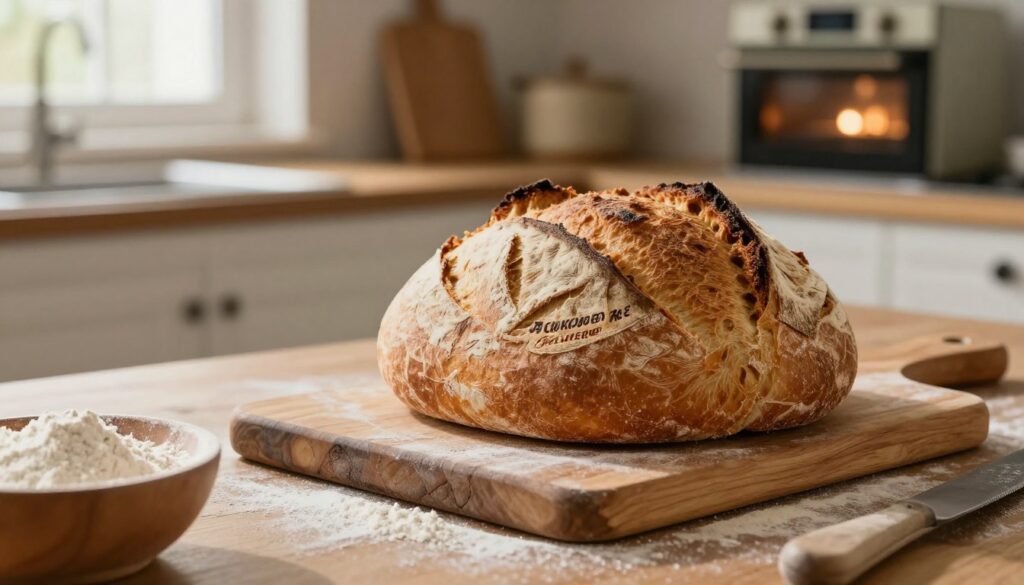 A beautifully crafted loaf of "chleb zakwasie" (sourdough bread) resting on a rustic wooden cutting board. The loaf is golden-brown with a crisp, crackling crust, showcasing a few artisan cuts on top. In the foreground, there's a small bowl of flour and a kneading board dusted with flour, hinting at the bread-making process. The middle ground features a warm kitchen scene with vintage baking tools and a gently glowing oven, set to a temperature indicative of proper bread baking. Soft, natural light filters in from a window, creating a cozy atmosphere. The background is subtly blurred, emphasizing the loaf and its immediate surroundings, evoking a sense of warmth and home.