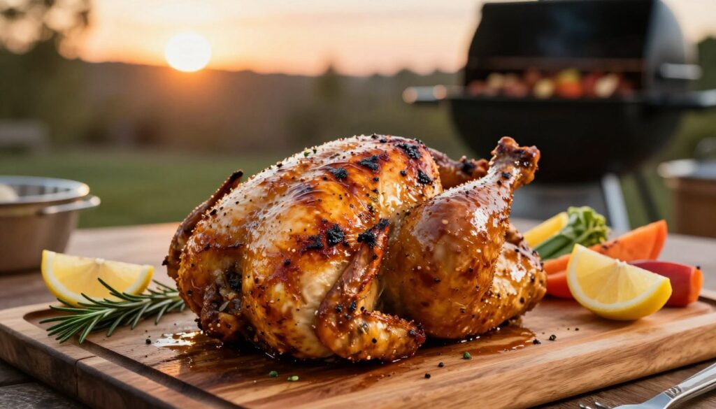 A beautifully grilled chicken, marinated to perfection, is the focus of this image. The foreground showcases a delectable whole chicken, glistening with rich golden-brown skin, with visible char marks and a hint of herbs and spices clinging to it. The middle ground features an elegant wooden serving board adorned with colorful garnishes like fresh rosemary, lemon wedges, and vibrant seasonal vegetables. In the background, a softly lit outdoor barbecue setting is created, with hints of a sunset casting warm, inviting hues over the scene. The image should capture a warm, appetizing atmosphere, evoking a sense of gathering and celebration. Use a shallow depth of field for crisp foreground details while softly blurring the background, creating an inviting and appetizing visual that highlights the succulent grilled chicken.